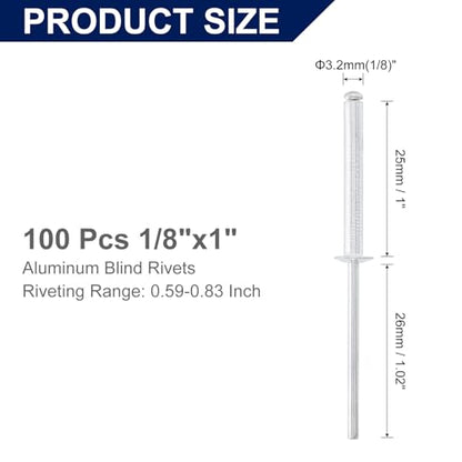 uxcell 100Pcs 1/8"x1" Aluminum Blind Rivets Dome Head Long Split Rivets - size: 1/8"x1"