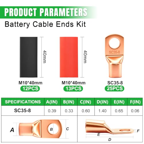 Twidec/25PCS AWG 2 Copper Wire Lugs Battery Cable Ends SC35-8,Ring Terminals Connectors,Copper Ring Terminals,Battery Terminals Connectors Kits with Heat Shrink - color: 26PCS
