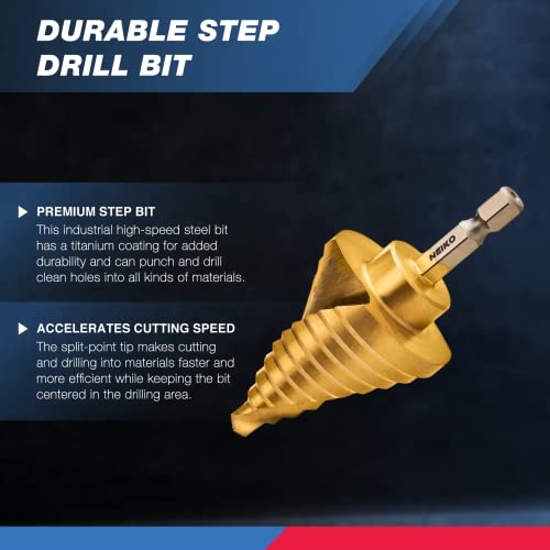 NEIKO 10174A Step Drill Bit, 10 Steps 1/4" to 1-3/8" Straight High Speed Steel, Titanium Nitride Coated, 1/4" Quick Change Step Bits for Steel, Metal, Wood, Plastic, Unibit Cone Drill Bits, Two Flute - size: #5 (1/4 - 1-3/8", 10S), style: Spiral