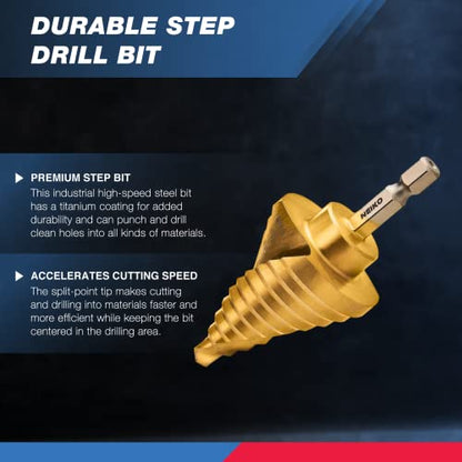 NEIKO 10174A Step Drill Bit, 10 Steps 1/4" to 1-3/8" Straight High Speed Steel, Titanium Nitride Coated, 1/4" Quick Change Step Bits for Steel, Metal, Wood, Plastic, Unibit Cone Drill Bits, Two Flute - size: #5 (1/4 - 1-3/8", 10S), style: Spiral