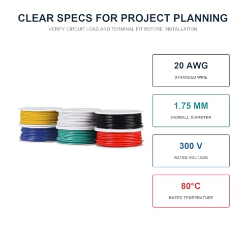 TUOFENG 20 AWG Stranded PVC Hook Up Wire, 6 Colors, 138 ft Tinned Copper - size: 20 AWG PVC Wire 6 colors 23ft each (138ft Total)