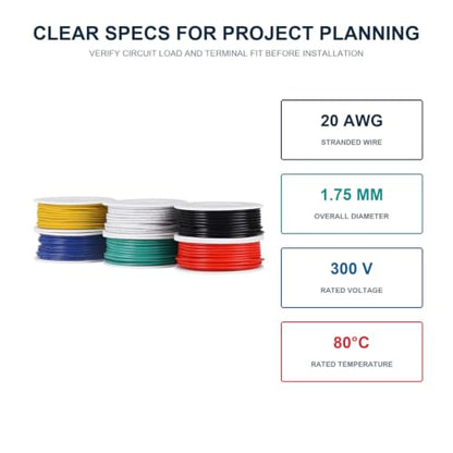 TUOFENG 20 AWG Stranded PVC Hook Up Wire, 6 Colors, 138 ft Tinned Copper - size: 20 AWG PVC Wire 6 colors 23ft each (138ft Total)