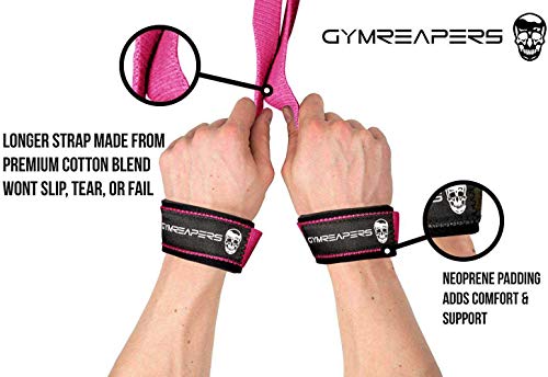 Gymreapers Lifting Wrist Straps for Weightlifting, Bodybuilding, Powerlifting, Strength Training, & Deadlifts - Padded Neoprene with 18" Cotton - color: Pink
