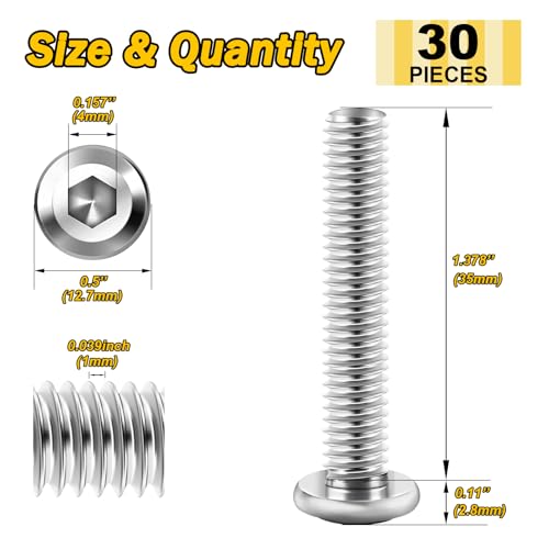 30Pcs M6 Bolt, M6 x 35mm Flat Head M6x1.0 Bolt Hex Socket Cap Screws Bolts, M6 Screws 304 Stainless Steel Furniture Screws Full Thread, Bright Finish & Hex Spanner by Mywish - color: Silver-M6, size: 35mm