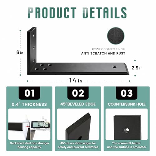 Countertop Support Brackets 3 Pack L Bracket Countertop Brackets 14" x 6" x 2.5" Heavy Duty 3/8" Thick Shelf Brackets Metal Corbels L Shape Bracket for Wood Shelf/Quartz/Granite/Concret Countertops - size: 14 Inch, style: Black-3 Pack