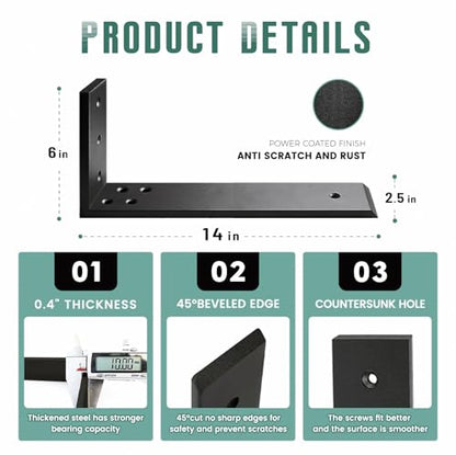 Countertop Support Brackets 3 Pack L Bracket Countertop Brackets 14" x 6" x 2.5" Heavy Duty 3/8" Thick Shelf Brackets Metal Corbels L Shape Bracket for Wood Shelf/Quartz/Granite/Concret Countertops - size: 14 Inch, style: Black-3 Pack