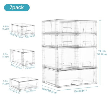 Vtopmart Clear Stackable Storage Drawers, 7 Pack Multi Size Set - style: 1 Wide+2 Medium+4 Small
