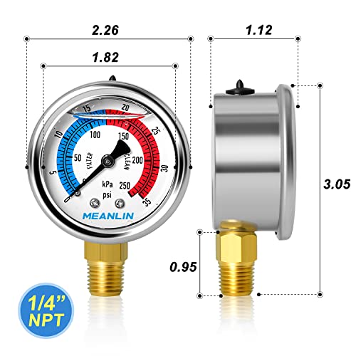 MEANLIN MEASURE 1/4" NPT 0-35psi Pressure Gauge, 2" Dial Glycerine Filled Pool Filter, 304 Stainless Steel Housing, Lower Mount, with 1/2" NPT and 3/8" NPT Hex Bushing - size: 0-35Psi/0-250Kpa, style: Lower Mount
