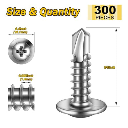 Mywish 300pcs #8×3/4" Self Tapping Screws for Metal, Sheet Metal Screws 410 Stainless Steel Truss Head Self Drilling Screws High-Strength Quick Tapping Screws - color: Silver, size: #8x3/4" (300 pcs)