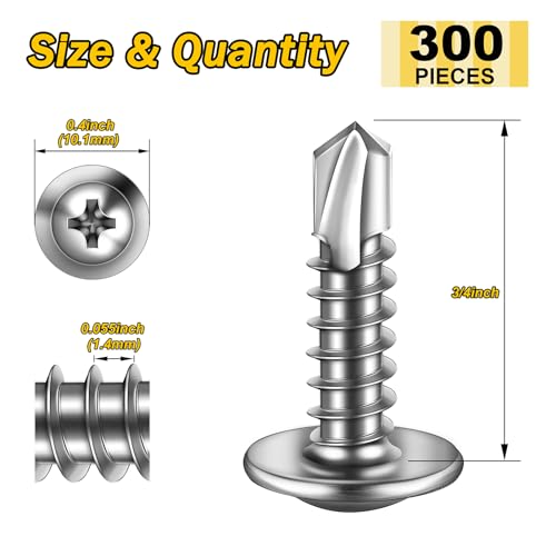 Mywish 300pcs #8×3/4" Self Tapping Screws for Metal, Sheet Metal Screws 410 Stainless Steel Truss Head Self Drilling Screws High-Strength Quick Tapping Screws - color: Silver, size: #8x3/4" (300 pcs)