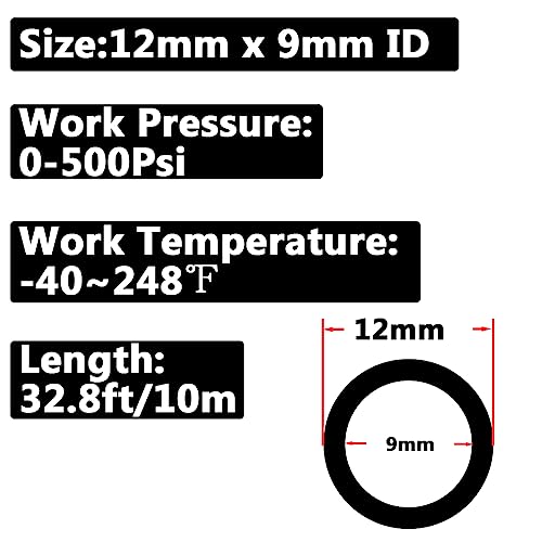 Pneumatic 12mm OD Air Line Nylon Tube SAE J844 Airline 9mm ID For Air Brake Tubing or Fluid Transfer (Black 32.8Ft) - size: 12mm x 9mm