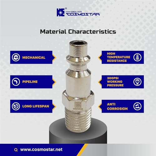 COSMOSTAR Industries Steel 1/4" MNPT Air Plug Fitting, 1/4 Inch Plug and 1/4" NPT Connector - Industrial Type Quick Connect Plugs (1/4" PMNPT0, 5 PCS)