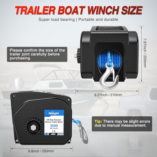 Nilight Boat Trailer Winch 3500 lbs Portable Electric Boat Winches 12 V DC Marine Winch with Synthetic Rope Remote Control Hand Crank Power-In Freewheel Waterproof Winch for Boat Trailer Towing, Black - color: Black, size: Synthetic Rope