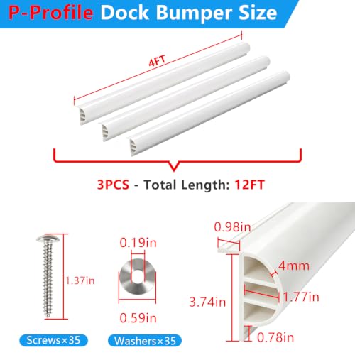 Dock Bumpers 4FT/12FT/16FT/24FT, Boat Dock Bumpers for Edging with Stainless Steel Screws and Washers, Dock Fenders Boat Dock Guards P-Profile Heavy Wall for Edge Protection 1/3/4/6 Pack Multi Color - color: White, size: 12FT