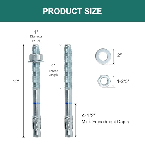 1" x 12" Concrete Anchors (5 Pack) 1 inch Wedge Anchors Bolts Zinc Plated - size: 1"x12"