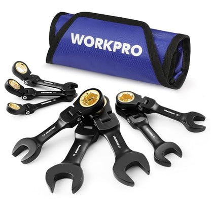WORKPRO 8-Piece Stubby Flex-Head Ratcheting Wrench Set, Metric 8-17mm - size: Metric, style: Black electroplating coating
