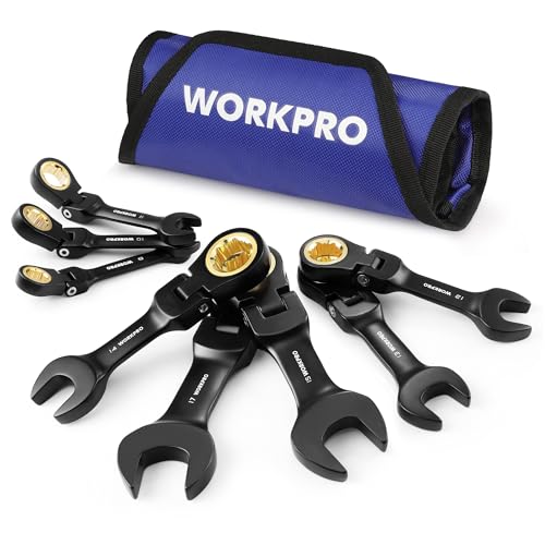 WORKPRO 8-Piece Stubby Flex-Head Ratcheting Wrench Set, Metric 8-17mm - size: Metric, style: Black electroplating coating