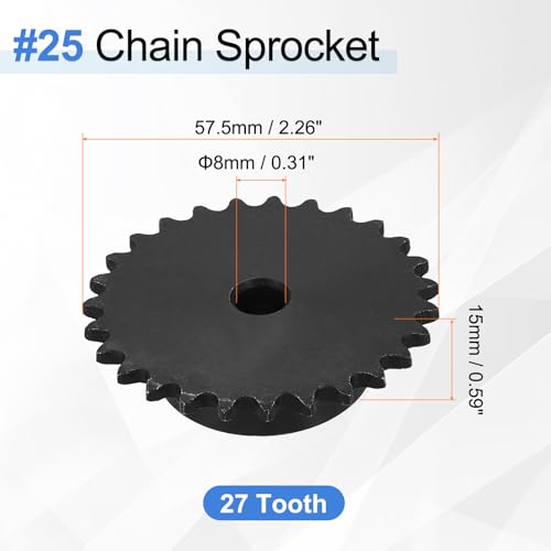 uxcell #25 Chain Roller Sprocket 8mm Bore 57.5mm OD, 27 Tooth C45 Carbon Steel ANSI #25 Roller Sprocket Round Hole with Set Screws for ISO 04C Chain, Black - size: 8mm Bore 57.5mm OD, 27 Tooth