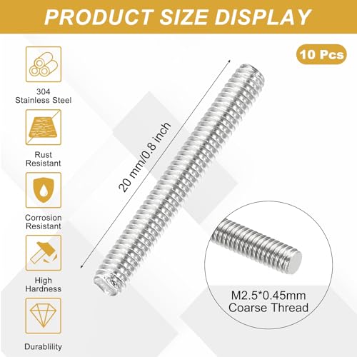 uxcell 10Pcs Fully Threaded Rod M2.5 x 0.45mm Pitch 20mm/0.8 Inch Threaded - size: M2.5x0.45mmx20mm