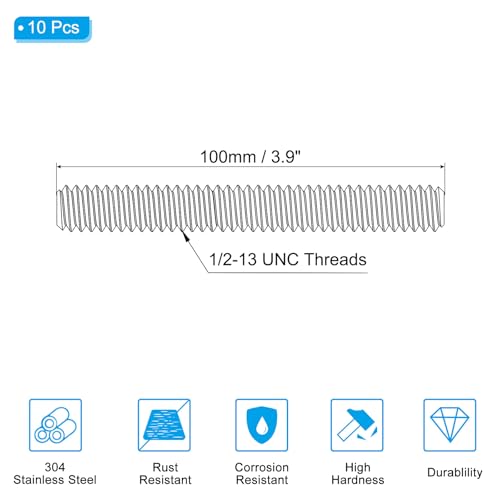 PATIKIL 1/2"-13 UNC 304 Stainless Steel Fully Threaded Rod, 10Pcs 3.9" Length Long Threaded Screw Right Hand Threads All Threaded Rod Studs for Anchoring Bolt, Clamps, Hangers and U-Bolts - size: 1/2"-13 x 3.9"