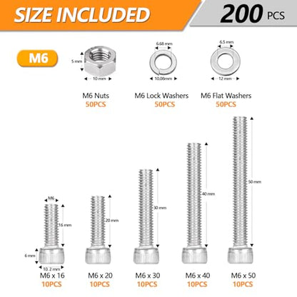 200 Pcs M6 Hex Socket Head Cap Screws Kit, M6-16/20/30/40/50mm Bolts - size: M6 - 16/20/30/40/50mm