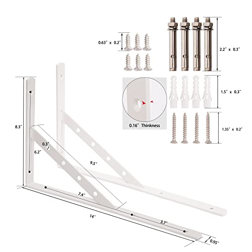 Shelf Brackets 14 Inch, Heavy Duty 90 Degree Floating Wall Shelves Brackets Triangle Shelf Brackets, Solid Stainless Steel Decorative Angle Brackets, 2-Pack (White) - size: L14 IN (Solid-White)