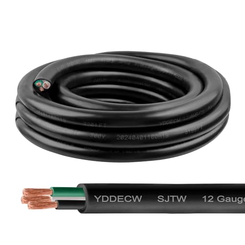 12/3 SJTW Wire 10 Feet - 12 AWG 3 Conductor SJTW Cable with UV-Resistant Jacket for Motor Leads, Battery Chargers and Machine - 10 ft Electrical Wire - color: Black, size: 12AWG/3-10FT
