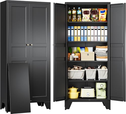 SISESOL Metal Storage Cabinet with Doors and Shelves,Black Storage Cabinet with Leg,Metal Pantry Cabinets,Ventilated Pantry Closet,Tall Large Cupboard for Home,Kitchen,Dining/Living/Laundry Room - color: Black, size: 61"H