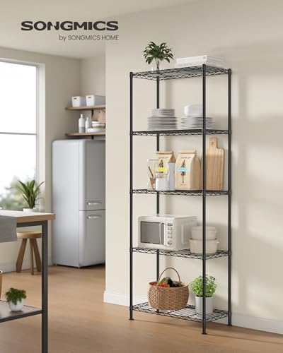 SONGMICS 5-Tier Storage Shelves, Adjustable Wire Shelving Unit, 8 Hooks - color: Ink Black, size: 5 Tiers (11.8"D x 23.6"W)