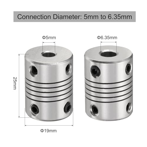 uxcell 5 Pcs Aluminum Alloy Shaft Coupling 5mm to 6.35mm, Flexible Coupling Motor Connector Joint, Stepper Motor Coupler for CNC Machine & 3D Printer (L25xD19)