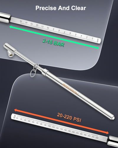 GODESON 13.5" Dual Head Tire Pressure Gauge, 20-220PSI/2-15Bar High Accuracy Semi trcuk tire Gauge, Heavy Duty Pencil Pressure Gauges Checker for RV & Truck, Stainless Steel Solid Body, Portable - size: 1 Pack (20-220PSI)