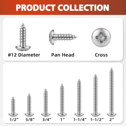 Mellewell #12 x 1-1/4" Pan Head Self Tapping Screw, Pan Head Sheet Metal Screws Wood Screws, Stainless Steel 304 (18-8), 50 Pack - color: Silver, size: #12 x 1-1/4"