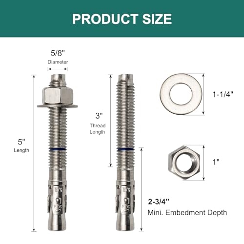 5/8" x 5" Concrete Anchors (12 Pack) 5/8 inch Wedge Anchors Bolts Stainless Steel - size: 5/8"x5"