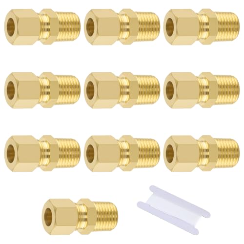 5/16" OD x 1/4" NPT Male Brass Compression Union Fitting, 10 Pack Straight Tube Coupling Adapter with 1M PTFE Teflon Tape for Air Water Plumbing - size: 10Pcs-5/16" OD x 1/4" NPT
