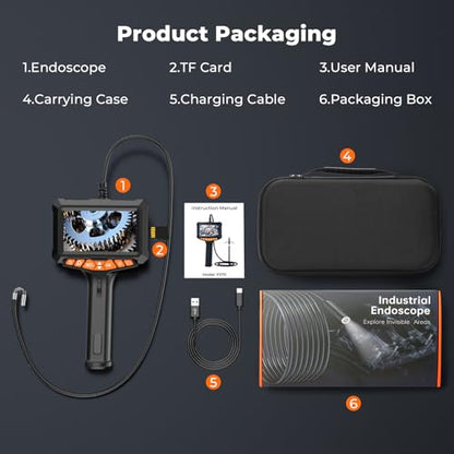 Two-Way Articulating Borescope with Light, 0.24in Industrial Endoscope Inspection Camera, 5-inch IPS Screen 5ft Waterproof Flexible Snake Tube 5000mAh Battery for Car Wall Pipeline Machine Maintenance