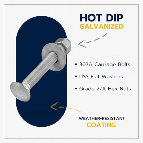 3/8" x 4" (50 Pack) Galvanized Carriage Bolt Kit, Grade 307A, Hot Dip Galvanized for Exterior Use by Makers Bolt - size: 3/8 x 4