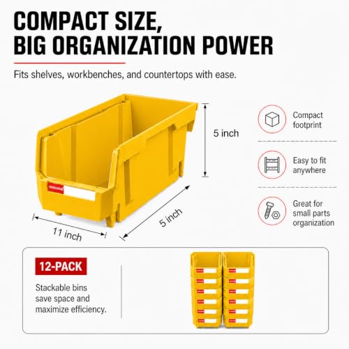 12 Pack Stackable Storage Bins Heavy Duty Parts Box Yellow - color: Yellow-12 Pack, size: 11"x5"x5"