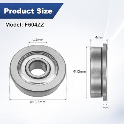 M METERXITY 4-Pack F604ZZ Flanged Ball Bearing, 4 x 12 x 4mm Double Metal Shielded Chrome Steel (GCr15) Flange Rip Bearings for Wheelbarrow/Printer/Fax Machines/Power Tools - size: 4mm x 12mm x 4mm
