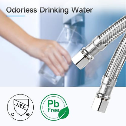 12 FT Refrigerator Water Line, 1/4" Compression Stainless Steel Braided Ice Maker Water Hose, Fridge Water Line for Refrigerator - size: 12 Feet