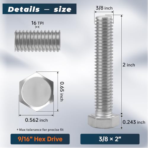 8 Sets Glvaner 3/8-16 x 2 Stainless Steel Hex Head Screws Bolts, Nuts, Flat & Lock Washers, 18-8 (304) Stainless Steel, Full Thread, Coarse Thread - size: 3/8-16 x 2"