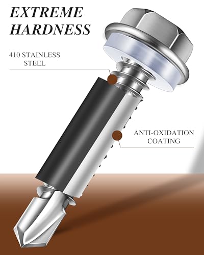 100PCS #8 x 5/8" Self Drilling Screws, Self Tapping Screws for Metal, 410 Stainless Steel Hex Washer Head Sheet Metal Screw, Bright Finish with 7mm Hex Socket - color: Silver, size: #8 x 5/8"