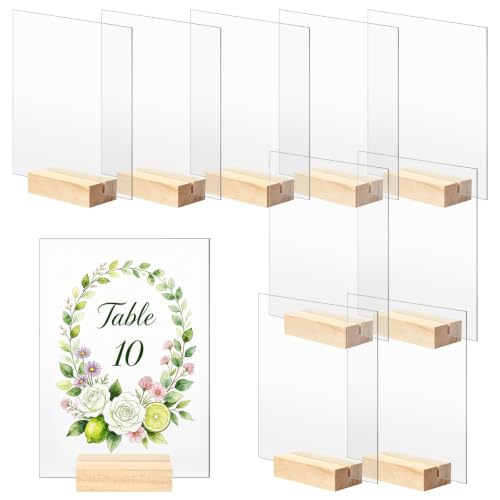 Bercoor 10 Pack 5x7 Inch Blank Clear Acrylic Sign with Wooden Stands, Rectangle Top Acrylic Sheet, DIY Acrylic Rectangle Table Numbers for DIY Name Card Gifts Event Party Sign Decoration - size: 5x7 rectangle
