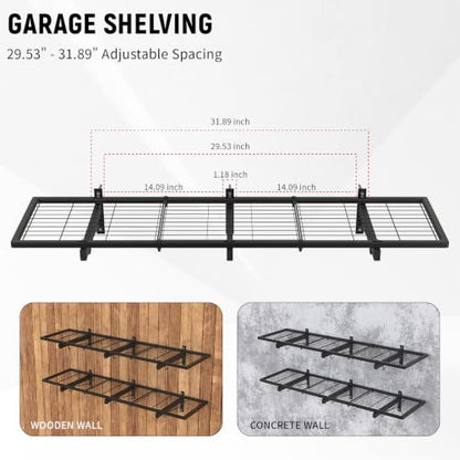 2 Pack Garage Wall Shelves, 46"X 12.5" Garage Shelving Wall Mounted, Heavy Duty Shelf Organizer with 8 Hooks, Black Floating Storage Metal Rack 320 LBS Capacity for Laundry Room, Office, Basement - size: A-2 PACK