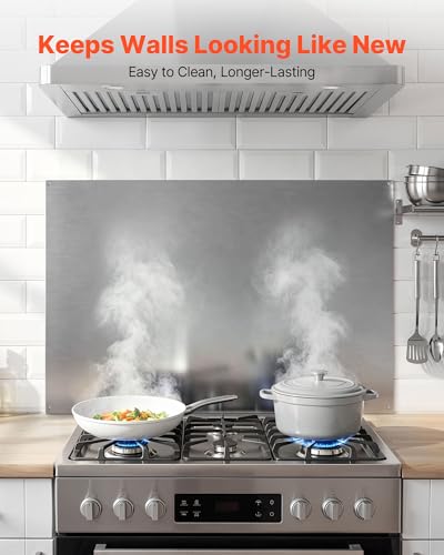 VEVOR 36" x 24" Stainless Steel Backsplash for Stove, Ultra Flat Splatter Guard, Wall Shield Range Hood Backsplash, Easy Clean Kitchen Wall Metal Panel, Pre-Drilled Holes for Easy Installation, Silver - size: 36x24in