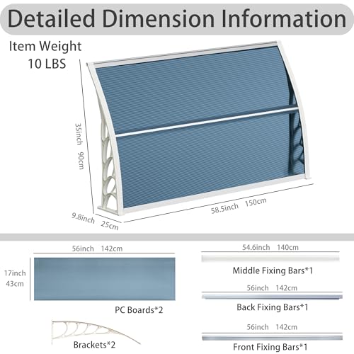 58.5x35 Inch Patio Window Awning Shade, Polycarbonate Door Entrance Canopy Cover Protection for Sunshine & Rain, Gray with White Edge - color: White + Gray
