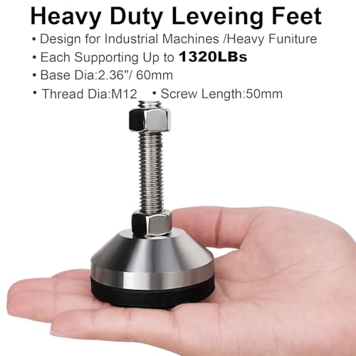 Anwenk Heavy Duty Leveling feet Adjustable Feet Levelers Leg Leveler 2.36" Dia Base,Adjustable Feet M12 Thread, Support 5280Lb for Cabinet, Table, Workbench,Machine, Warehouse (D60xM12x50) 4 Pack