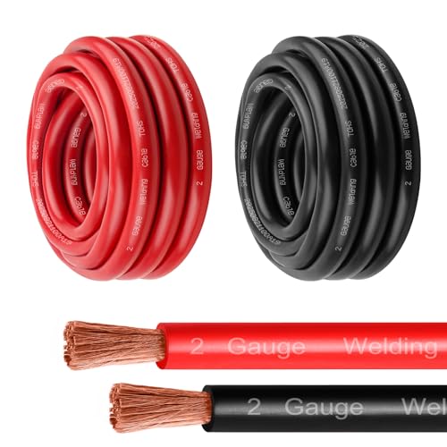 MOOKEERF 2 Gauge Battery Cable - 10FT Red + 10FT Black 2 AWG Welding Cable Flexible Stranded Oxygen-Free Pure Copper Wire for Automotive, Battery, Inverter, Solar, Marine and Generator - color: 10ft Black + 10ft Red, size: 2AWG
