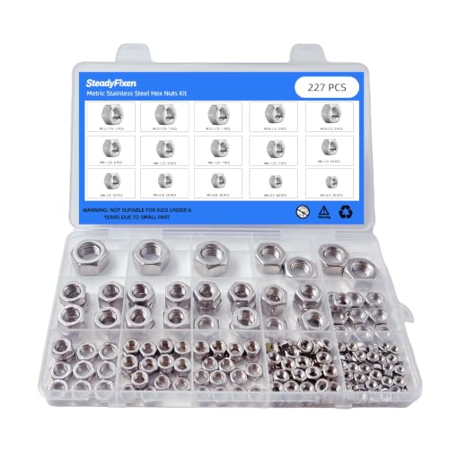 Hex Nuts Assortment Kit, 304 Stainless Steel 18-8 (A2-70), Hardware Nuts Set for Mechanical Repair & Assembly, Silver,[M3-0.5 M4-0.7 M5-0.8 M6-1 M8-1.25 M10-1.5 M12-1.75] (227 PCS) - size: 227PCS,M3,M4,M5,M6,M8,M10,M12