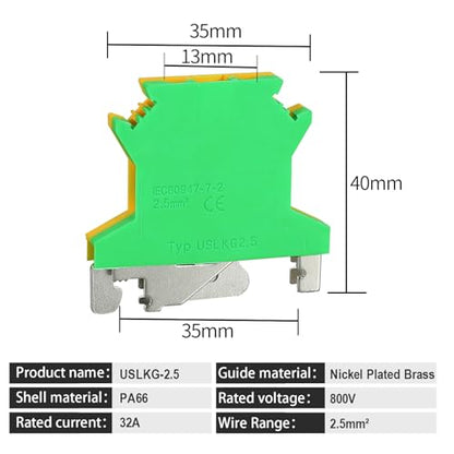 50PCS USLKG2.5 Terminal Block DIN Rail Terminal Blocks for Industrial Control Automation Din Rail Ground Earth 12-22 AWG Conductor Cross-Section Copper Contact Temperature Resistant Screw Connector - color: USLKG2.5 Ground