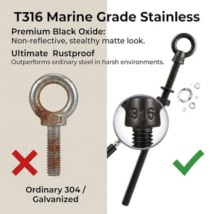 5 Pack Extra Long Black Eye Bolts 1/4" x 6 Inch with Nuts & Washers, Heavy Duty T316 Stainless Steel Threaded Lifting Eye Bolt, Marine Grade Shoulder Eyebolts for 4x4 Post & Wall - size: 1/4'' x 6inch